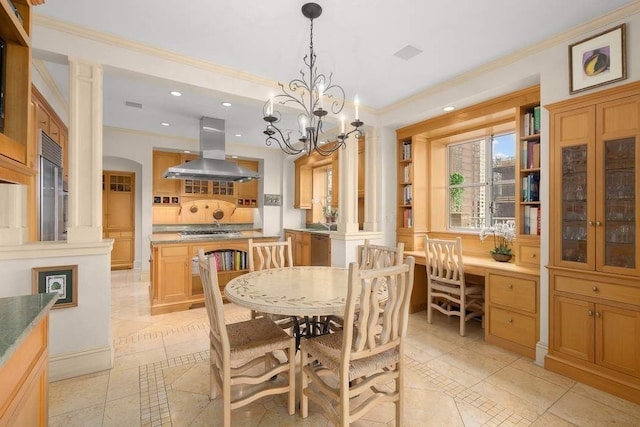 435 E 52nd St Unit 14G, New York City, NY 10022 - dining space featuring inlaid floor details, ornamental molding, recessed lighting, ornate columns, and a chandelier