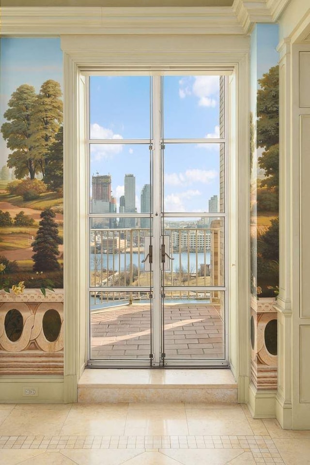 435 E 52nd St Unit 14G, New York City, NY 10022 - entryway with ornamental molding, a water view, and light tile patterned floors