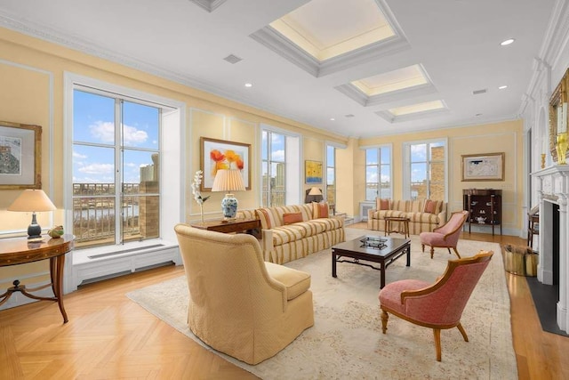 435 E 52nd St Unit 14G, New York City, NY 10022 - living area with crown molding and coffered ceiling