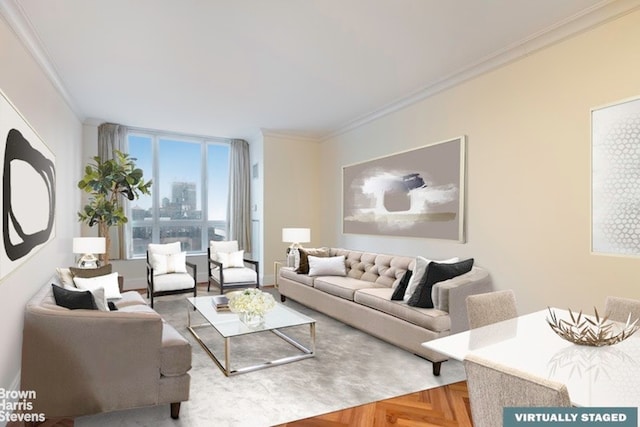 living room with parquet flooring and crown molding