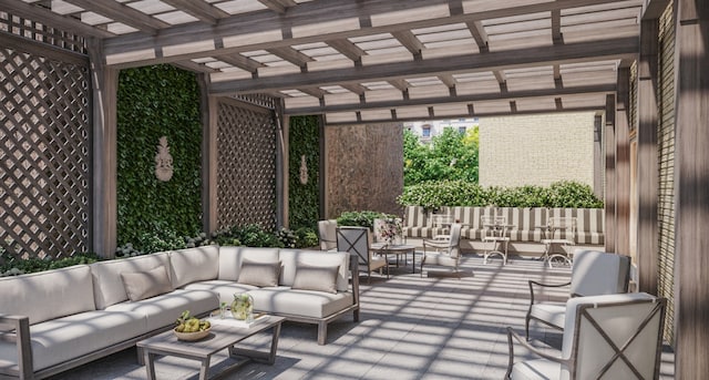 view of patio with an outdoor hangout area and a pergola