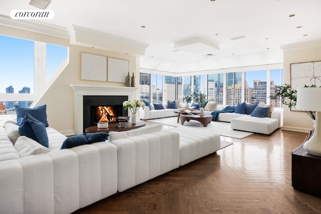 living room featuring parquet flooring and ornamental molding