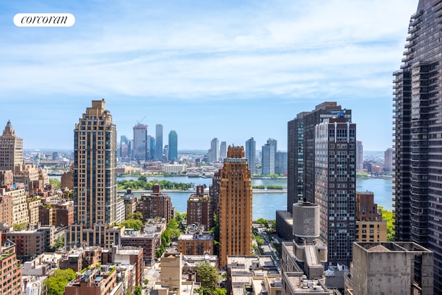 property's view of city featuring a water view