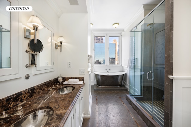 bathroom featuring vanity, plus walk in shower, and ornamental molding