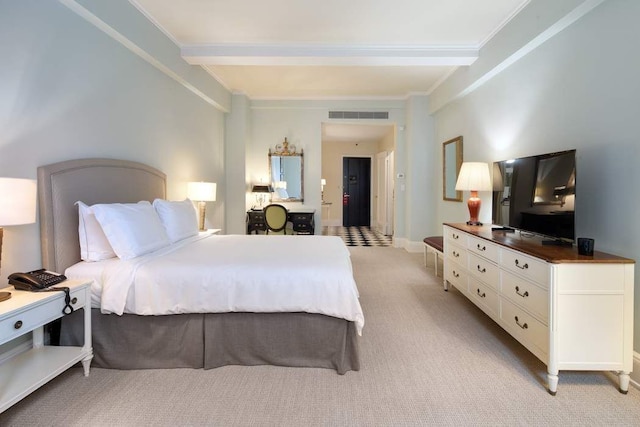 carpeted bedroom featuring beam ceiling and crown molding