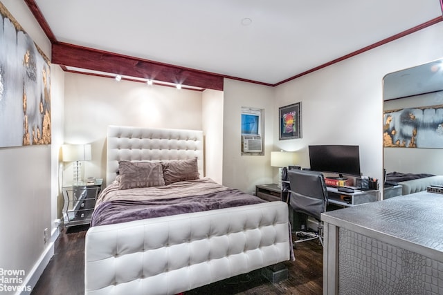 bedroom with dark wood-style floors, cooling unit, ornamental molding, and baseboards