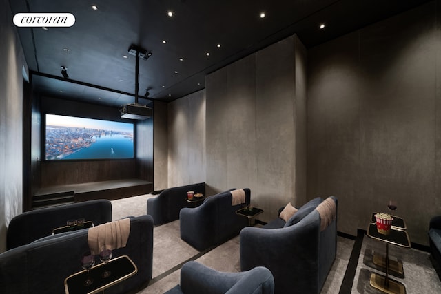 home theater room featuring carpet