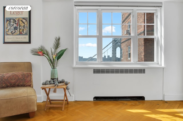 living area with parquet floors and radiator