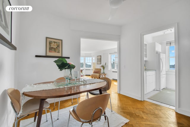 dining room featuring light parquet flooring, plenty of natural light, and radiator heating unit