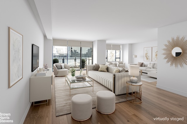 living area featuring baseboards and light wood-style floors