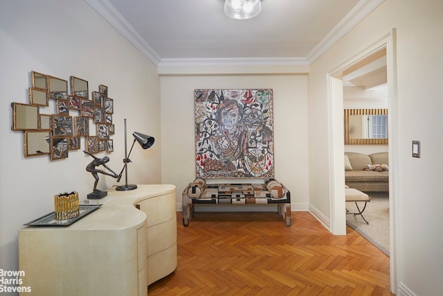 living room featuring beam ceiling, light wood-type flooring, and ornamental molding