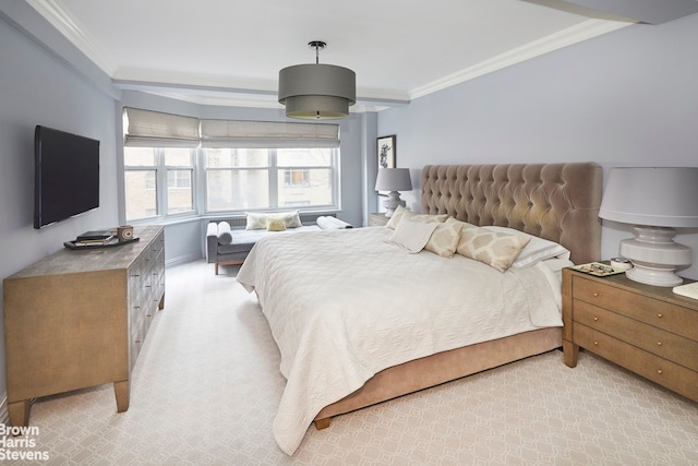 carpeted bedroom featuring ornamental molding