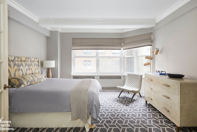 bedroom featuring radiator heating unit and crown molding