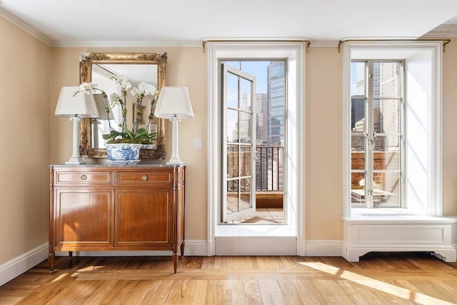 doorway featuring ornamental molding and plenty of natural light