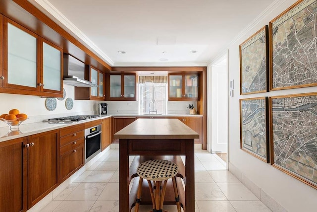 kitchen featuring sink, ornamental molding, appliances with stainless steel finishes, a kitchen island, and wall chimney range hood