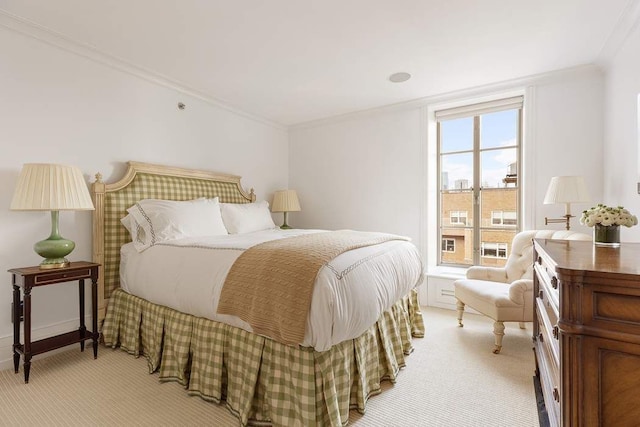 carpeted bedroom featuring multiple windows and crown molding