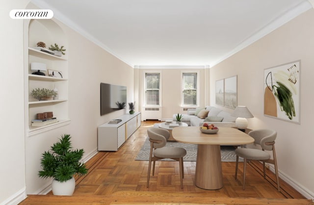 living room with radiator heating unit, parquet flooring, crown molding, and built in features