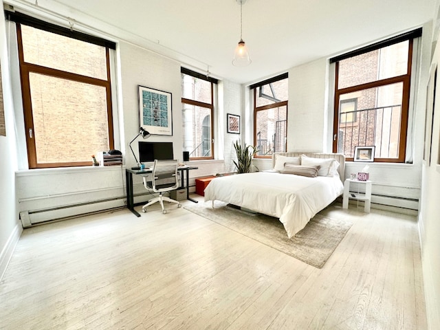 living room featuring a notable chandelier, a baseboard radiator, and light wood-type flooring