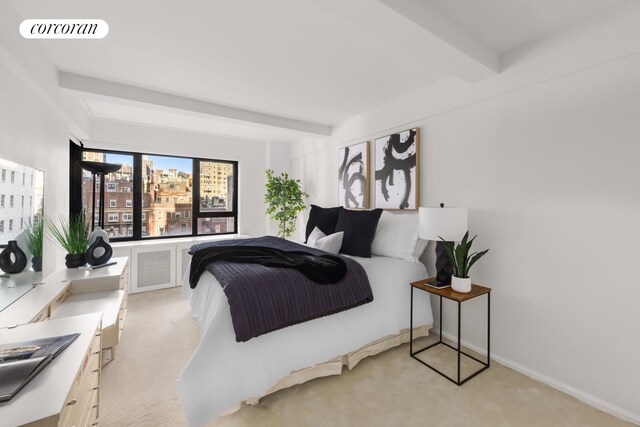 bedroom featuring light colored carpet, beam ceiling, visible vents, and radiator heating unit