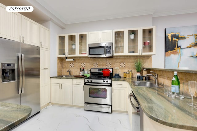 kitchen featuring stainless steel appliances, ornamental molding, sink, and backsplash