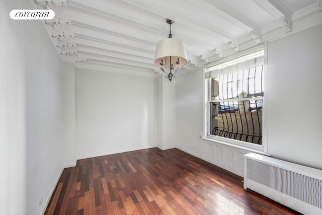 empty room featuring baseboards, radiator, wood-type flooring, beamed ceiling, and an inviting chandelier