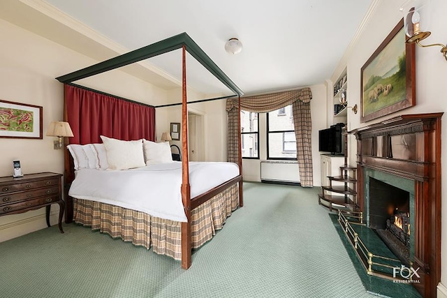 carpeted bedroom with crown molding