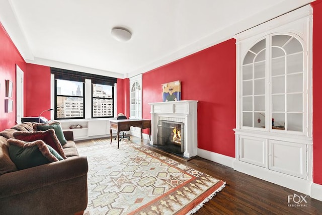 living room featuring dark wood-type flooring