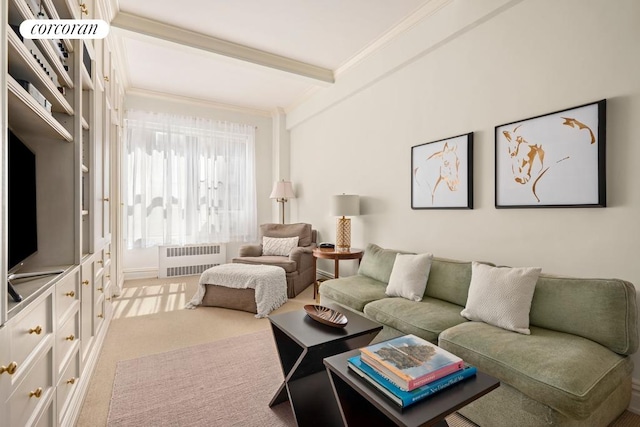 bedroom featuring beam ceiling and light carpet