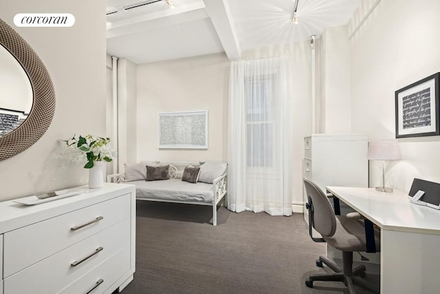 living room featuring beamed ceiling, crown molding, radiator heating unit, and light colored carpet