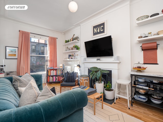 54 W 71st Street Building, New York City, NY 10023 - living area with crown molding, wood finished floors, and a fireplace