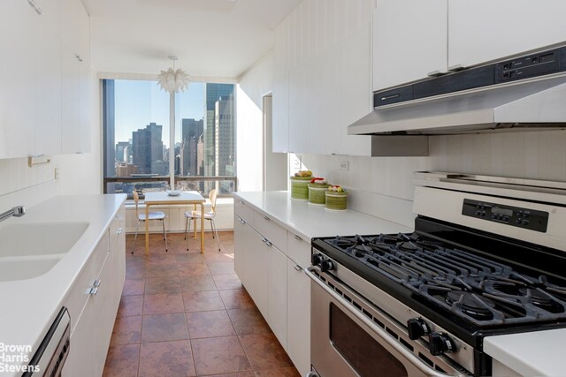 kitchen featuring sink, dishwashing machine, white cabinets, dark tile patterned floors, and gas range