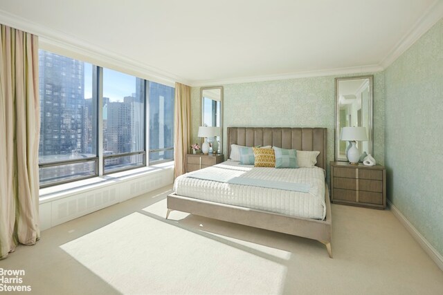 bedroom with ornamental molding and carpet flooring