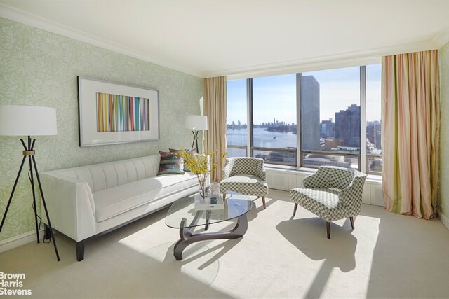 carpeted living room featuring ornamental molding and a water view