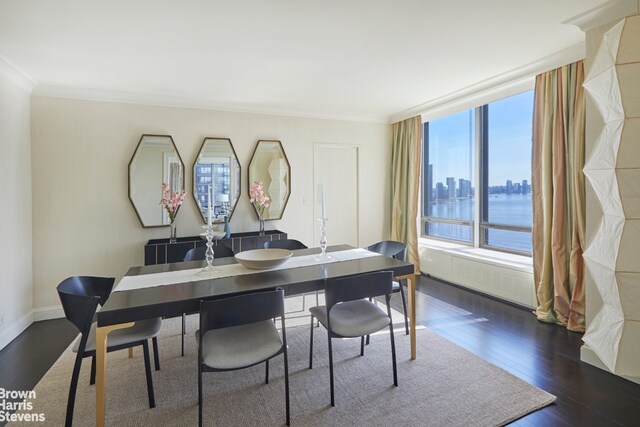 dining room with crown molding, a water view, and dark hardwood / wood-style flooring