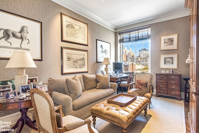 living room featuring crown molding and wallpapered walls