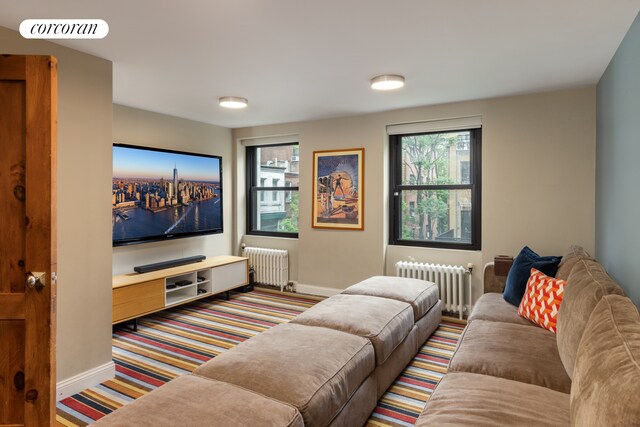 49 E 80th St, New York City, NY 10075 - cinema room with radiator heating unit, baseboards, carpet flooring, and visible vents