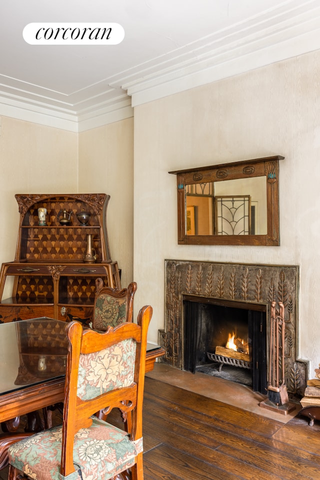 49 E 80th St, New York City, NY 10075 - living area featuring wood finished floors, a fireplace, and ornamental molding