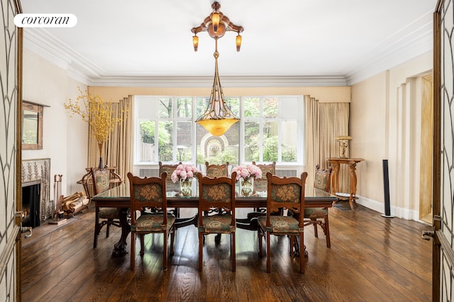 49 E 80th St, New York City, NY 10075 - dining room with a fireplace, ornamental molding, visible vents, baseboards, and dark wood-style floors