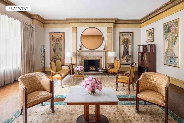 49 E 80th St, New York City, NY 10075 - living area featuring a high end fireplace, baseboards, and crown molding