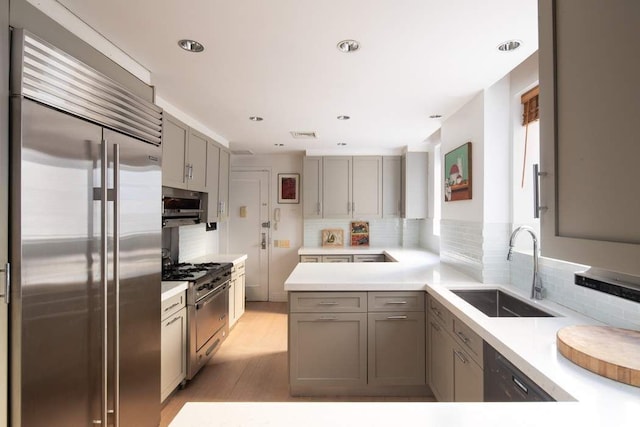 kitchen featuring kitchen peninsula, decorative backsplash, sink, high end appliances, and gray cabinetry