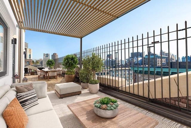 balcony with an outdoor hangout area and a pergola