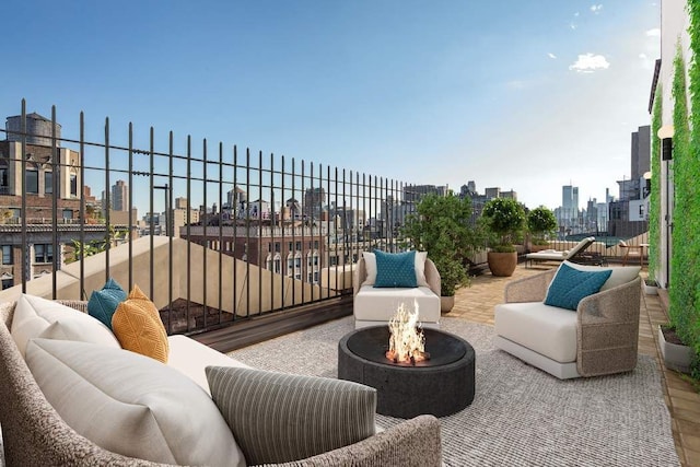 view of patio with an outdoor living space with a fire pit and a balcony