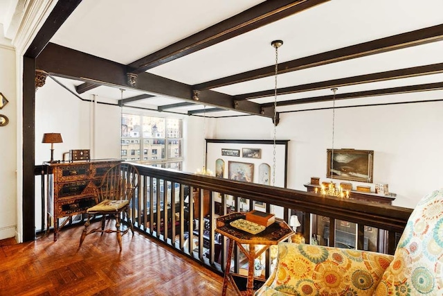 corridor featuring parquet floors and beamed ceiling