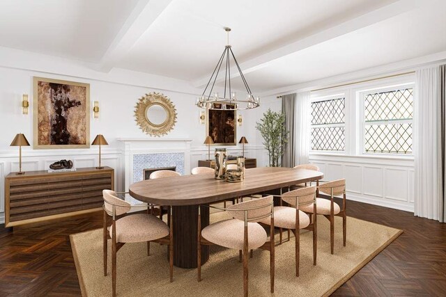 33 W 67th St Unit 6Fe, New York City, NY 10023 - dining area with a decorative wall, beam ceiling, a chandelier, a fireplace, and a wainscoted wall