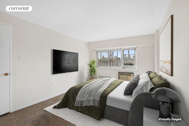 bedroom with carpet floors, a wall mounted air conditioner, visible vents, and baseboards