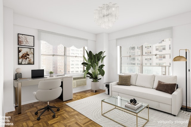 home office with an inviting chandelier and parquet flooring