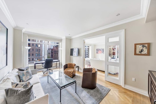 living room featuring light parquet flooring and ornamental molding