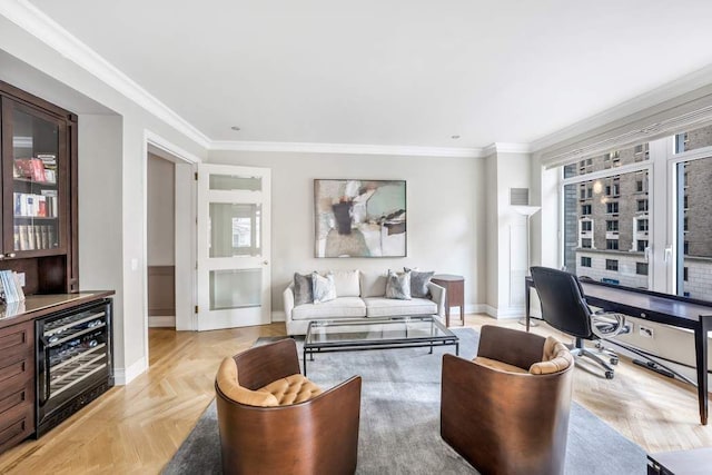 bedroom featuring light parquet floors and ornamental molding