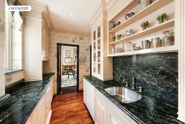895 Park Ave Phc, Phc, New York City, NY 10075 - bar with decorative backsplash, dark wood-style flooring, ornamental molding, and a sink