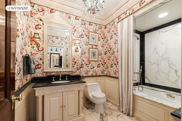 895 Park Ave Phc, Phc, New York City, NY 10075 - bathroom featuring vanity, toilet, marble finish floor, a wainscoted wall, and ornamental molding